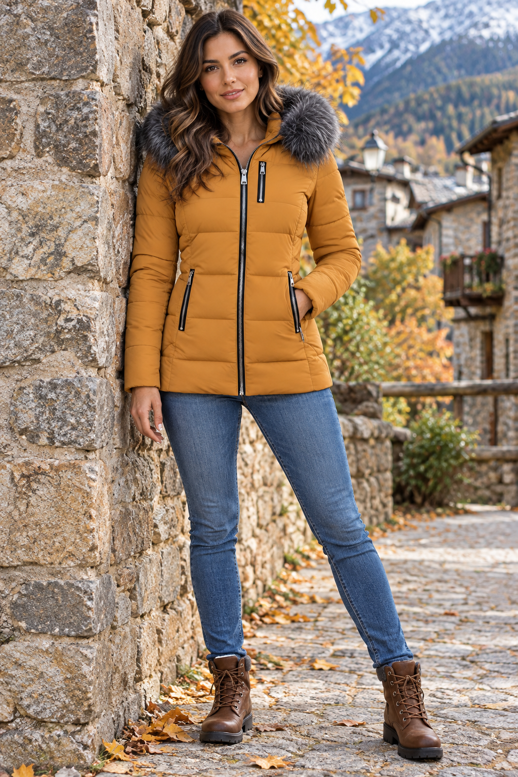 Hispanic female model leaning against a stone wall in a mountain village