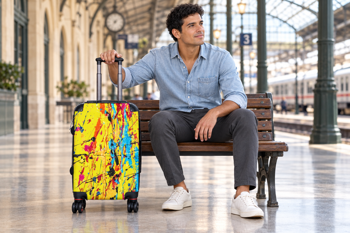 Hispanic male model seated beside the suitcase at a train station