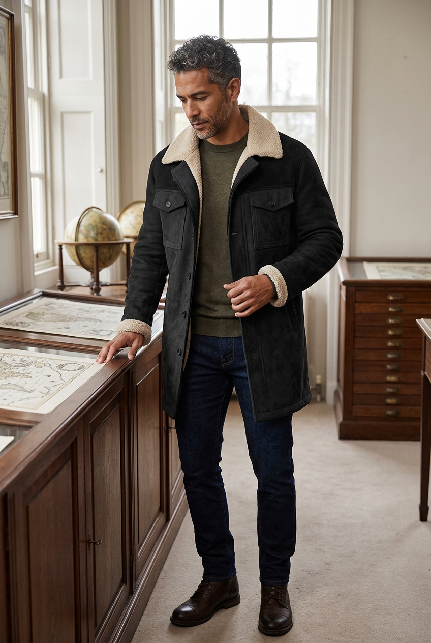 Hispanic male model wearing the black cream-trim coat in an antique map gallery