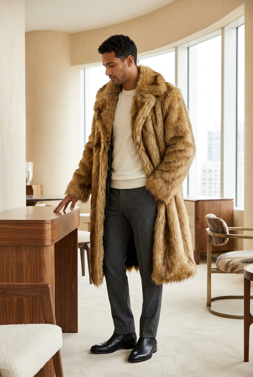 Hispanic male model wearing the golden-brown coat in a furniture design gallery