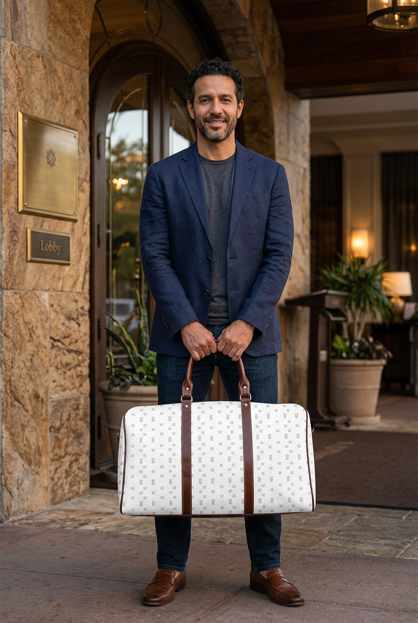 Hispanic man holding the travel bag outside a boutique hotel
