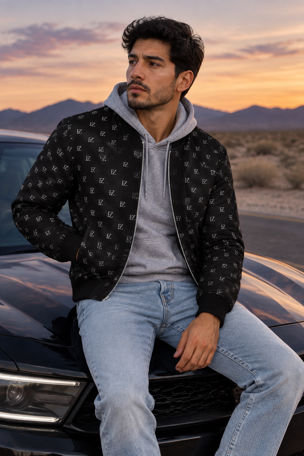 Hispanic man in the black FZ bomber on a car hood in the desert at dusk
