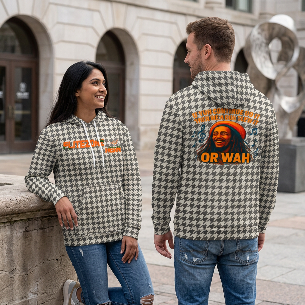 Houndstooth hoodie lifestyle image with woman showing the front and man showing the back
