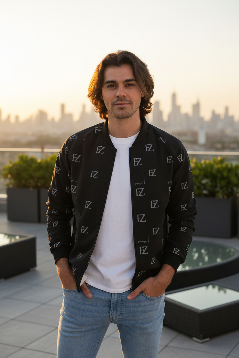Hispanic male model wearing FZ black monogram bomber jacket, rooftop golden hour background
