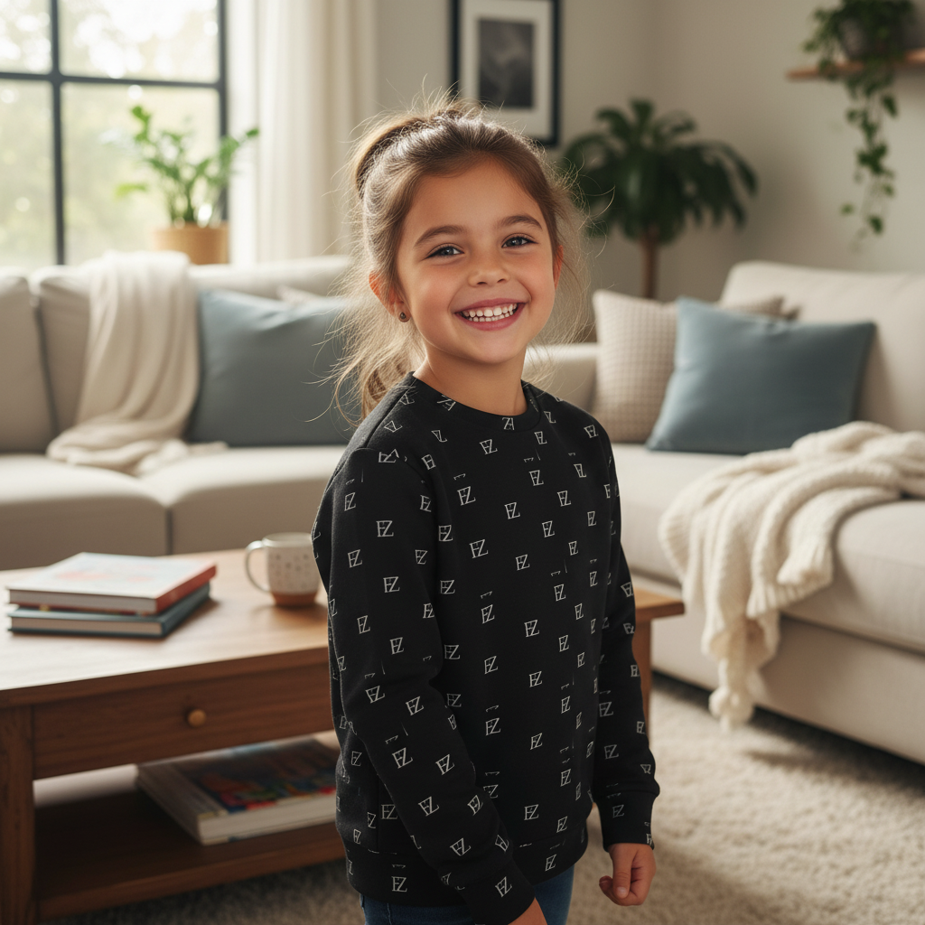 Girl wearing black FZ monogram sweatshirt indoors