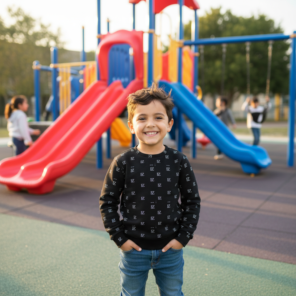 Boy wearing black FZ monogram sweatshirt at playground