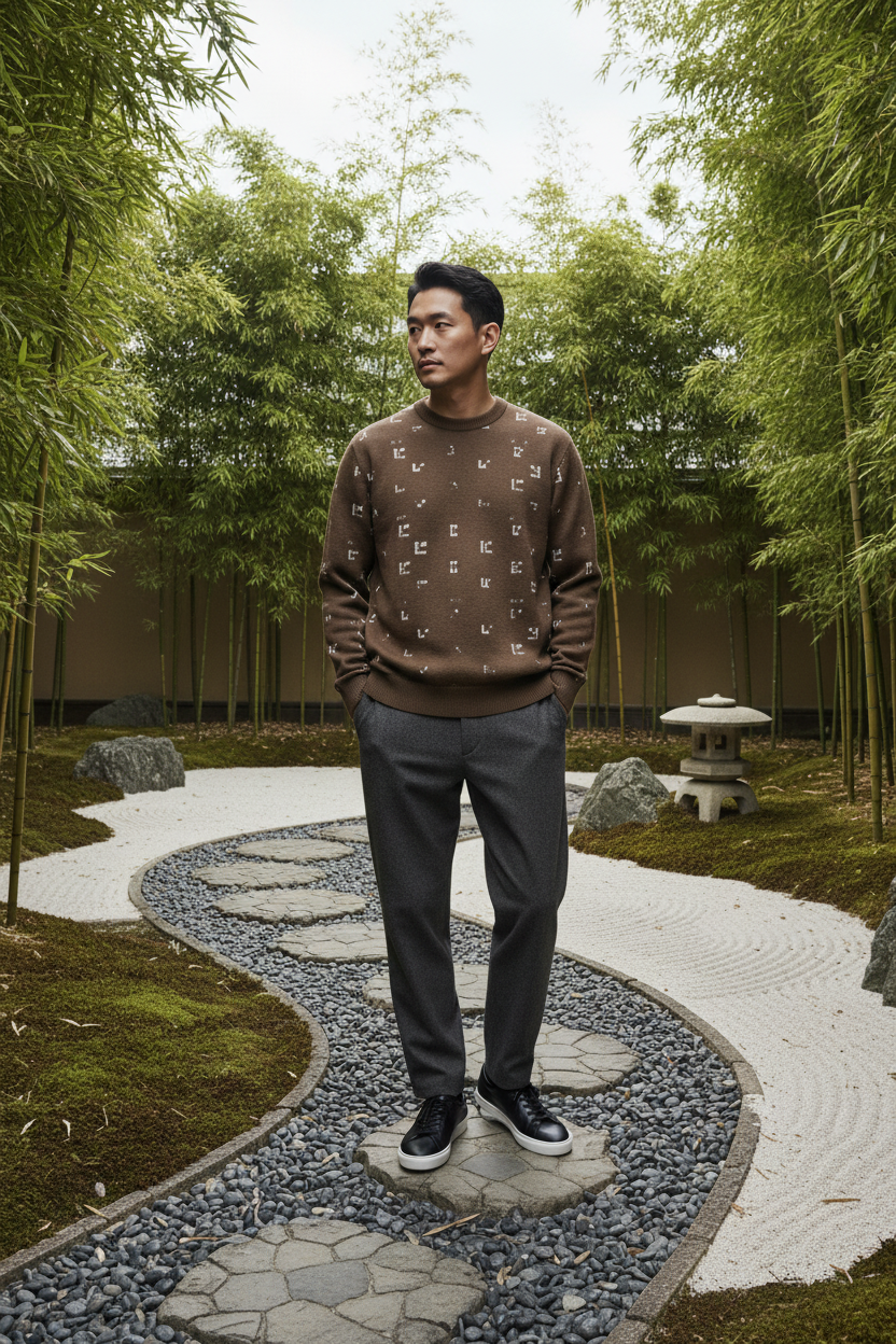 Asian male model wearing brown FZ sweater, Japanese zen garden