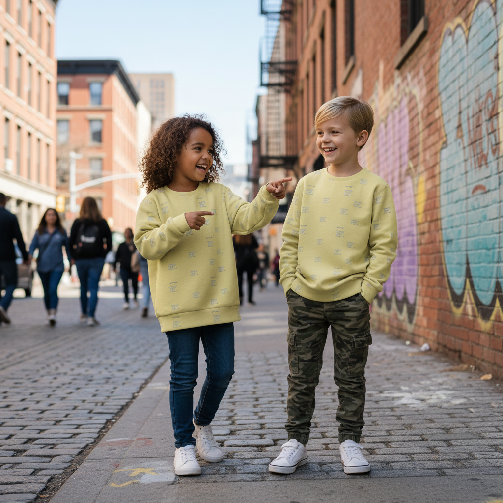 Two kids wearing yellow FZ monogram sweatshirts on city street