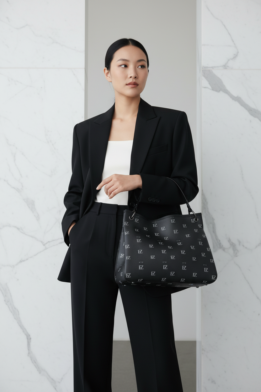 Asian woman with black FZ monogram bag over forearm, minimalist marble interior background