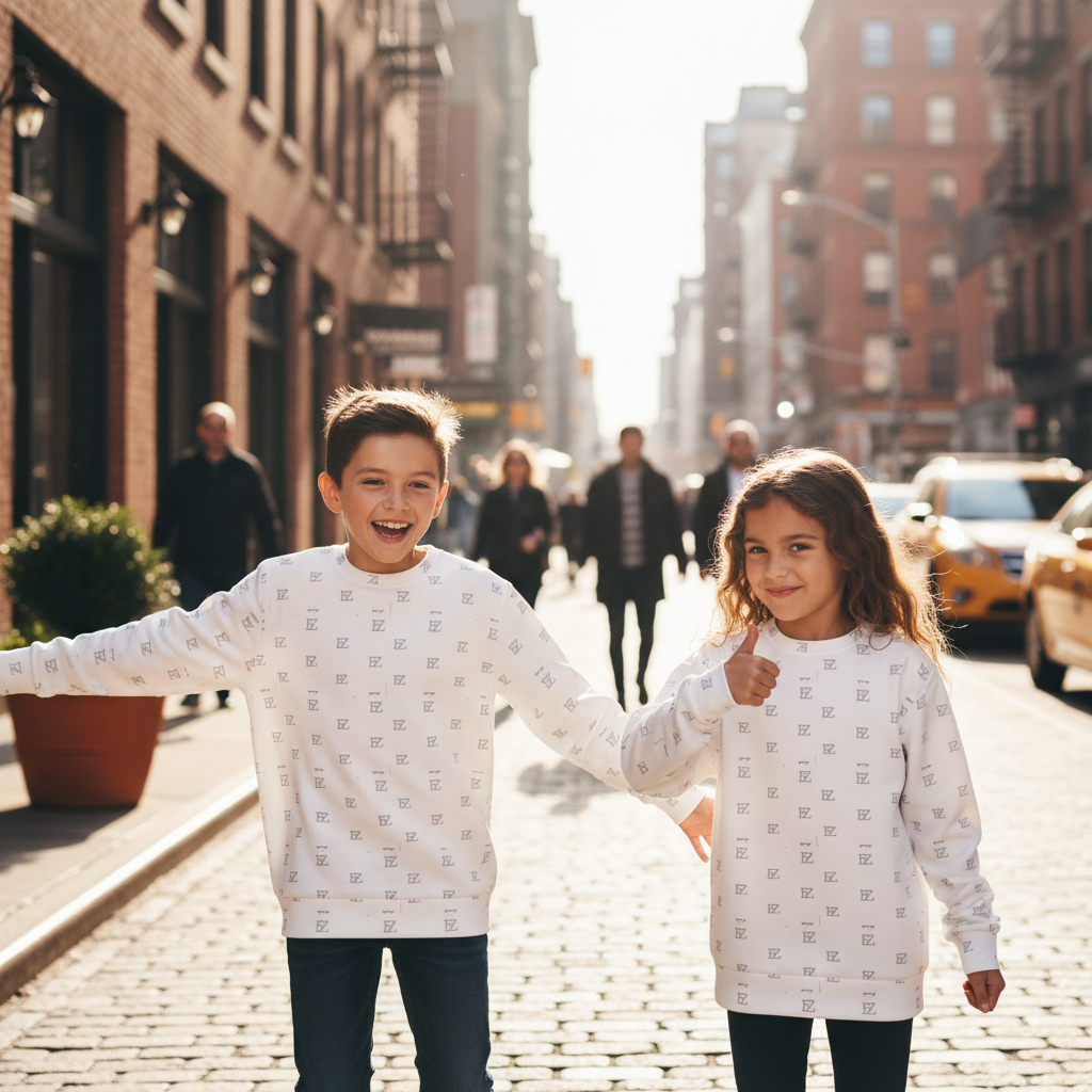 Two kids wearing white FZ monogram sweatshirts on city street