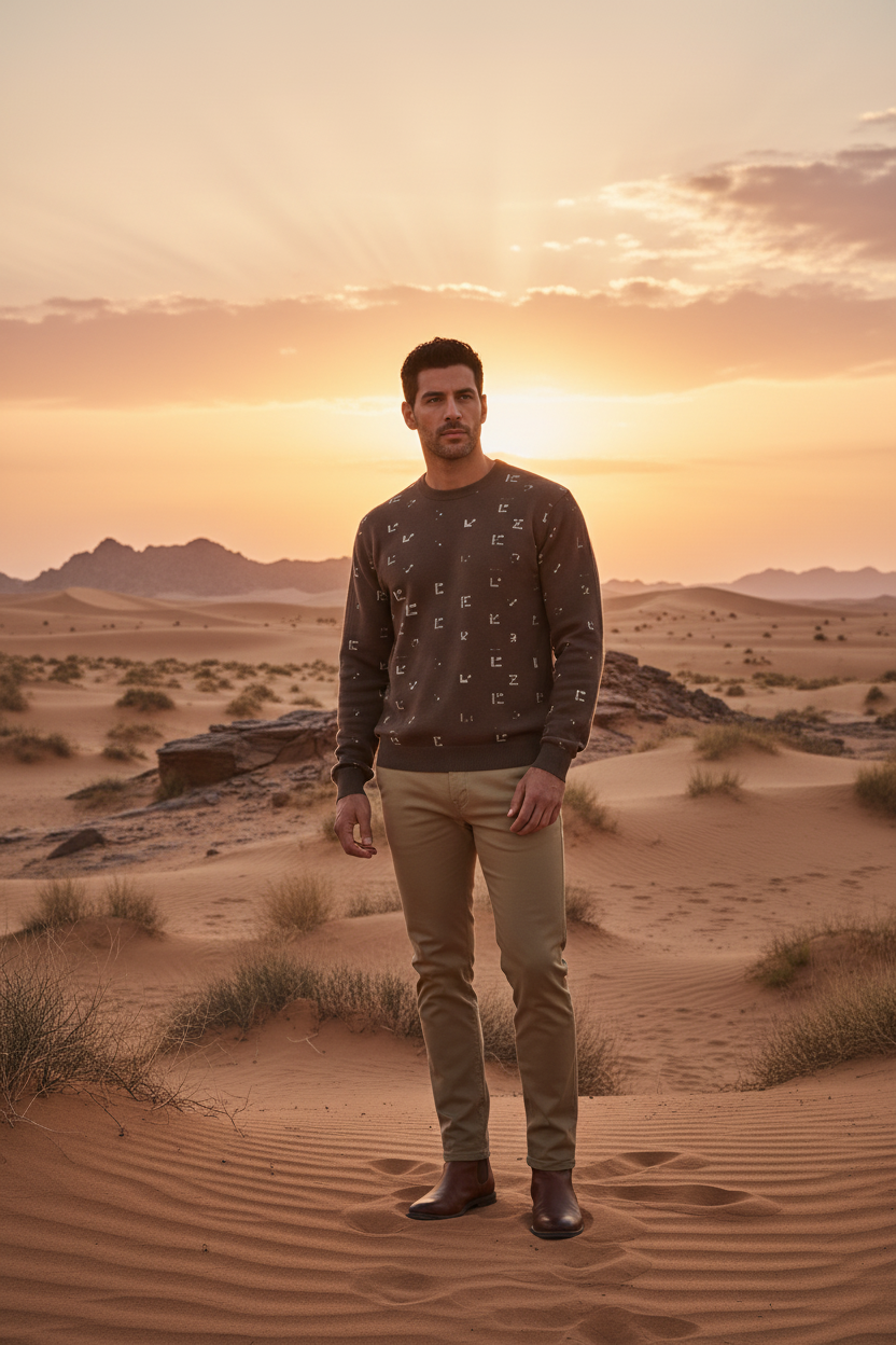 Middle Eastern male model wearing brown FZ sweater, desert landscape at sunset