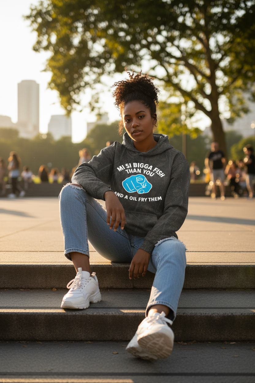 Mineral wash hoodie - Black female model, city park