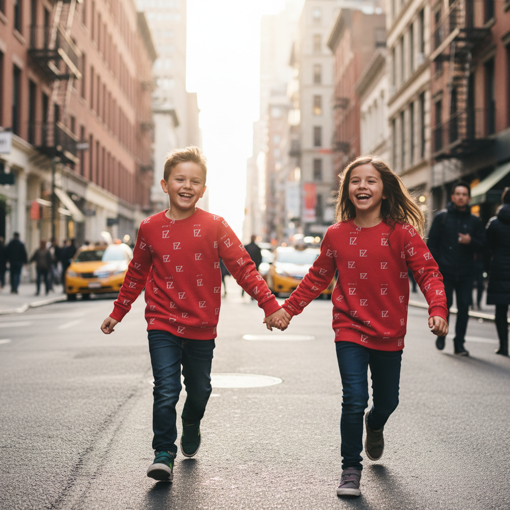 Two kids wearing red FZ monogram sweatshirts on city street