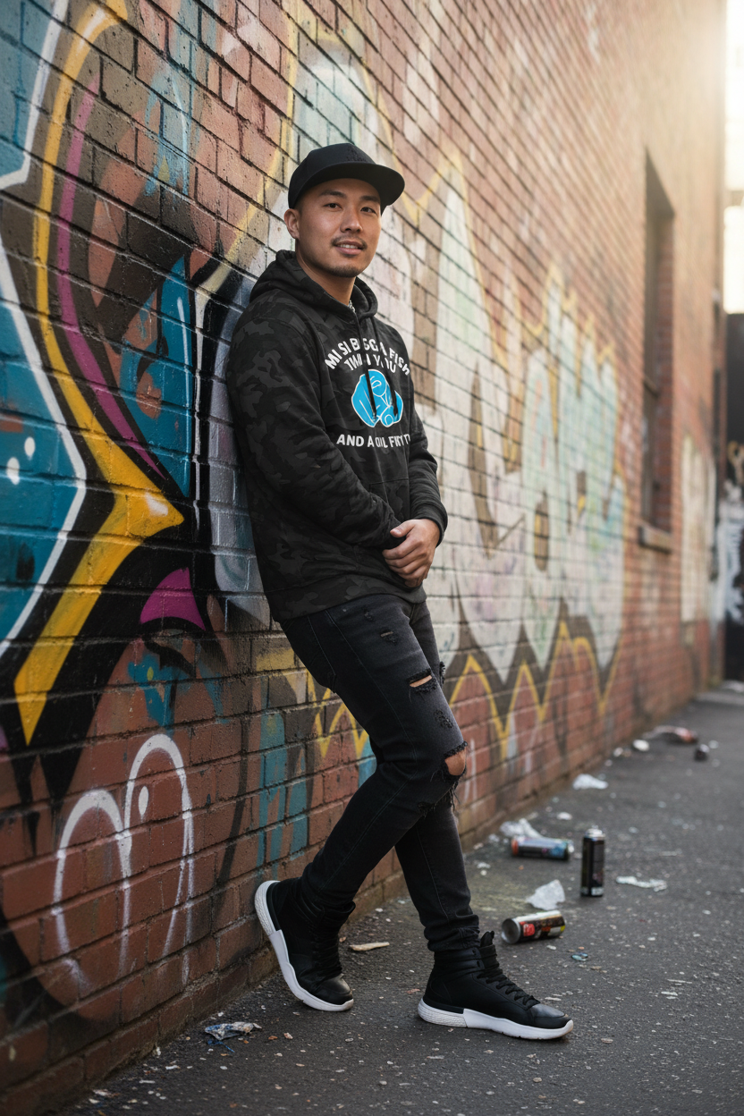 Black camo hoodie - Asian male model, graffiti wall