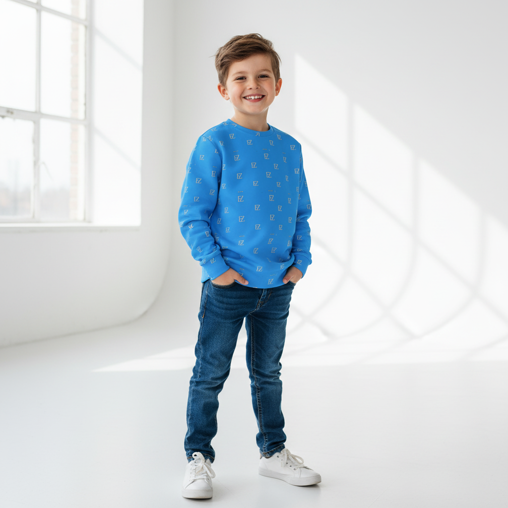 Boy wearing blue FZ monogram sweatshirt