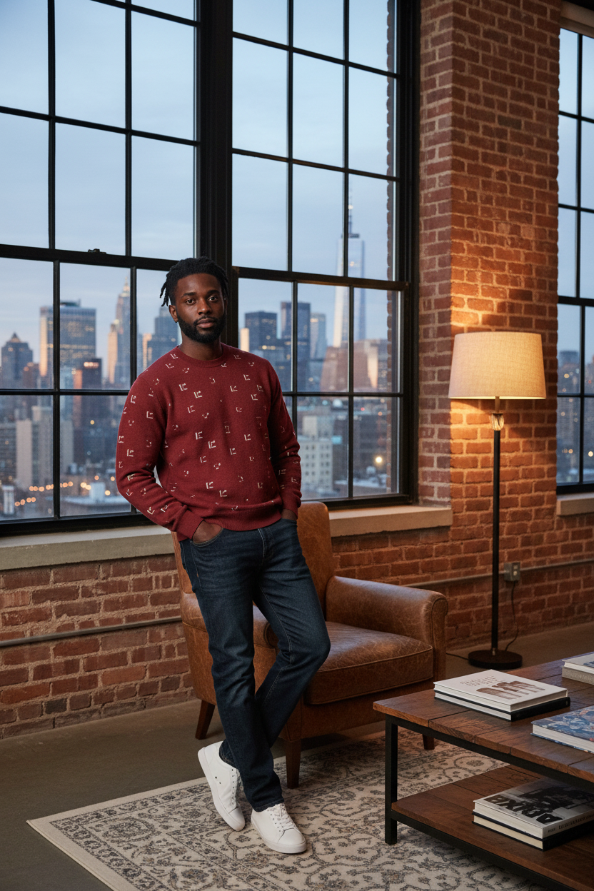 Black male model wearing burgundy FZ sweater, Brooklyn loft apartment