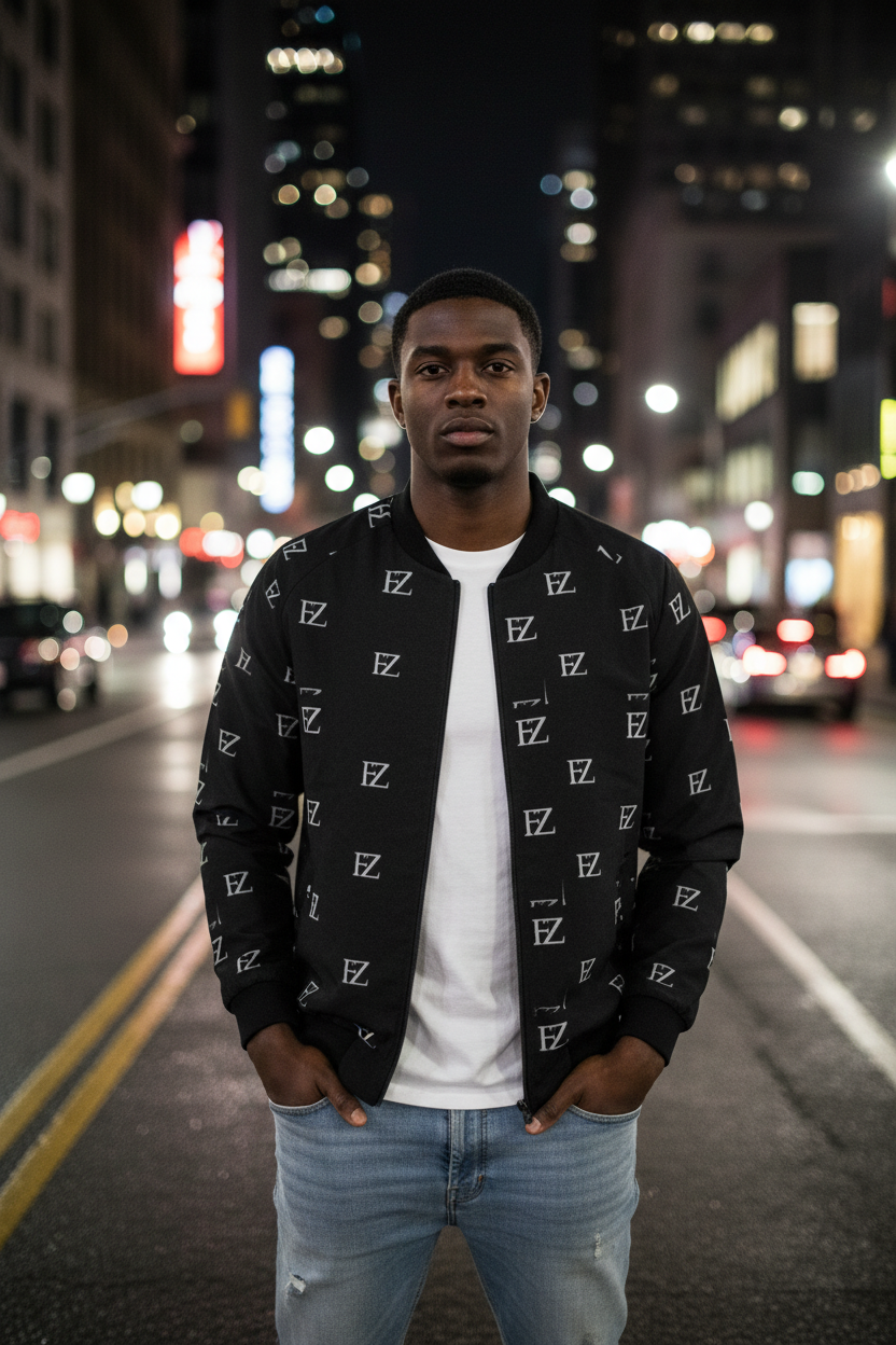 Black male model wearing FZ black monogram bomber jacket, urban night street background