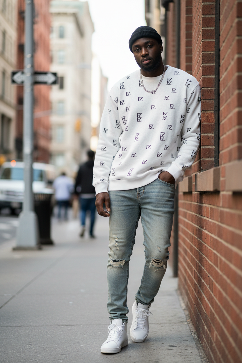 Black male model wearing FZ monogram white sweater pullover, urban city background