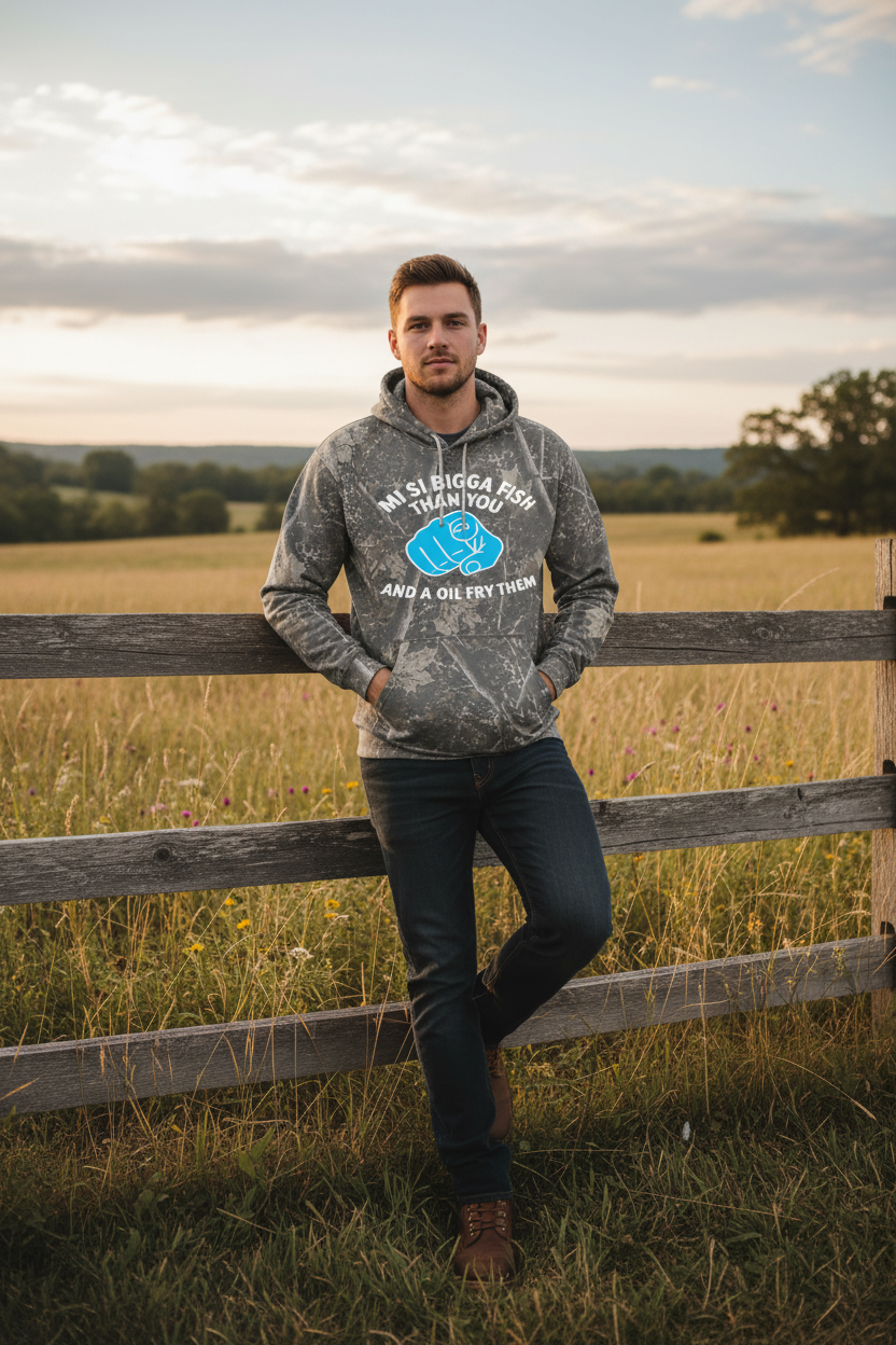 Forest camo hoodie - White male model, countryside field