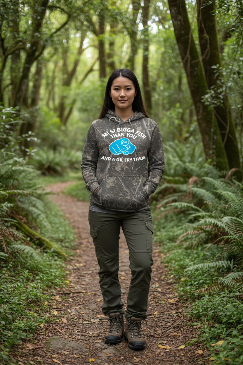 Forest camo hoodie - Asian female model, forest trail