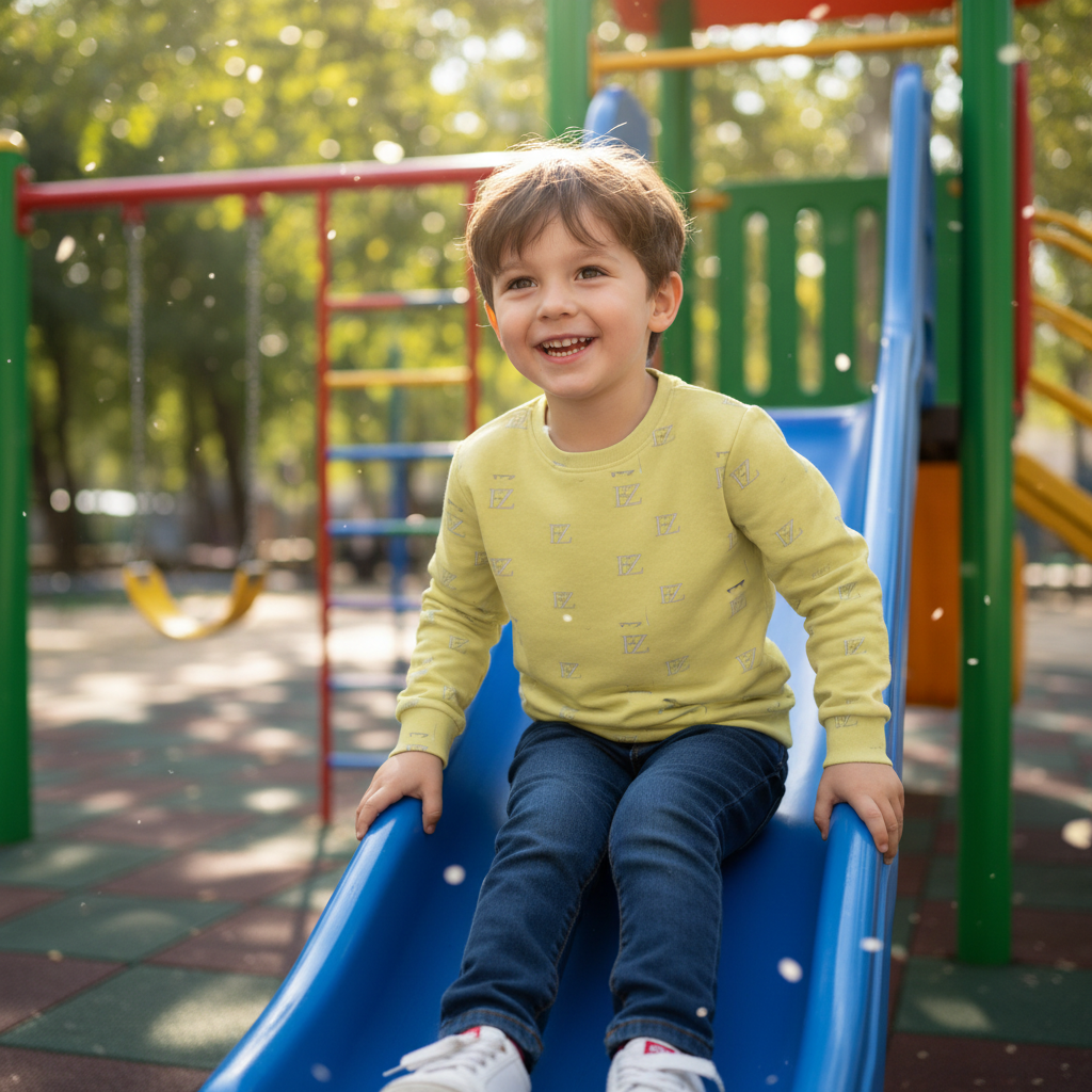 Boy wearing yellow FZ monogram sweatshirt at playground
