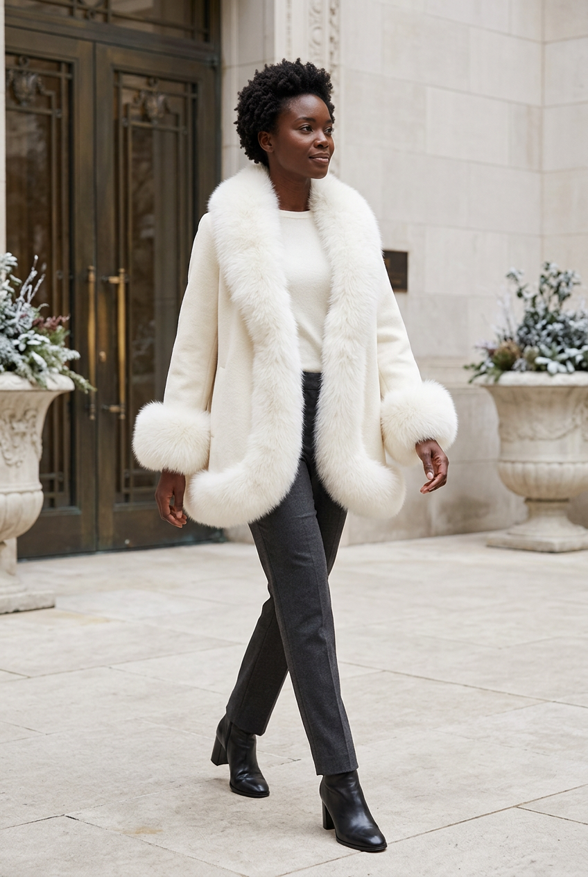 Ivory coat styled in a limestone courtyard