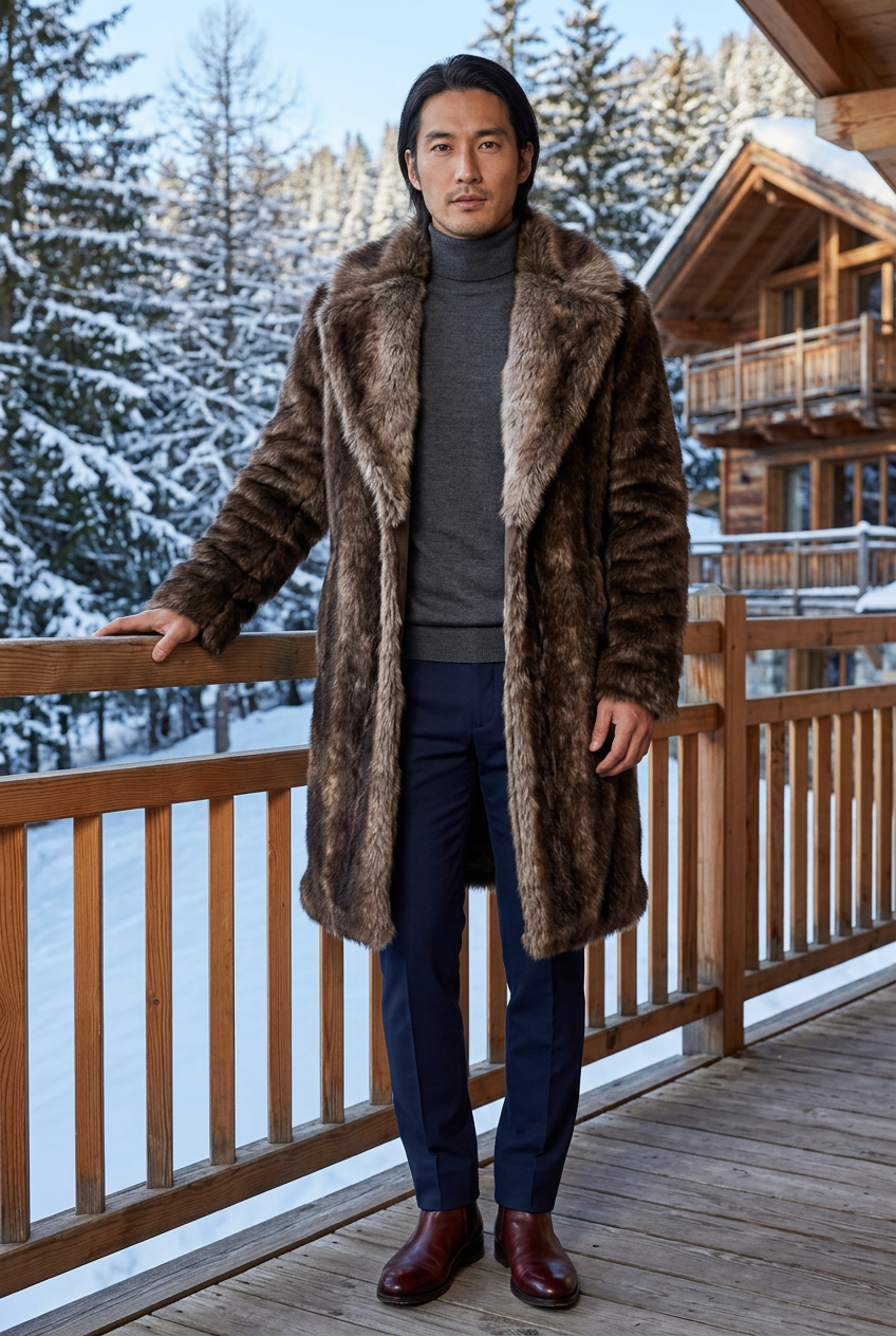 Japanese male model wearing the brown knee-length coat outside a mountain chalet