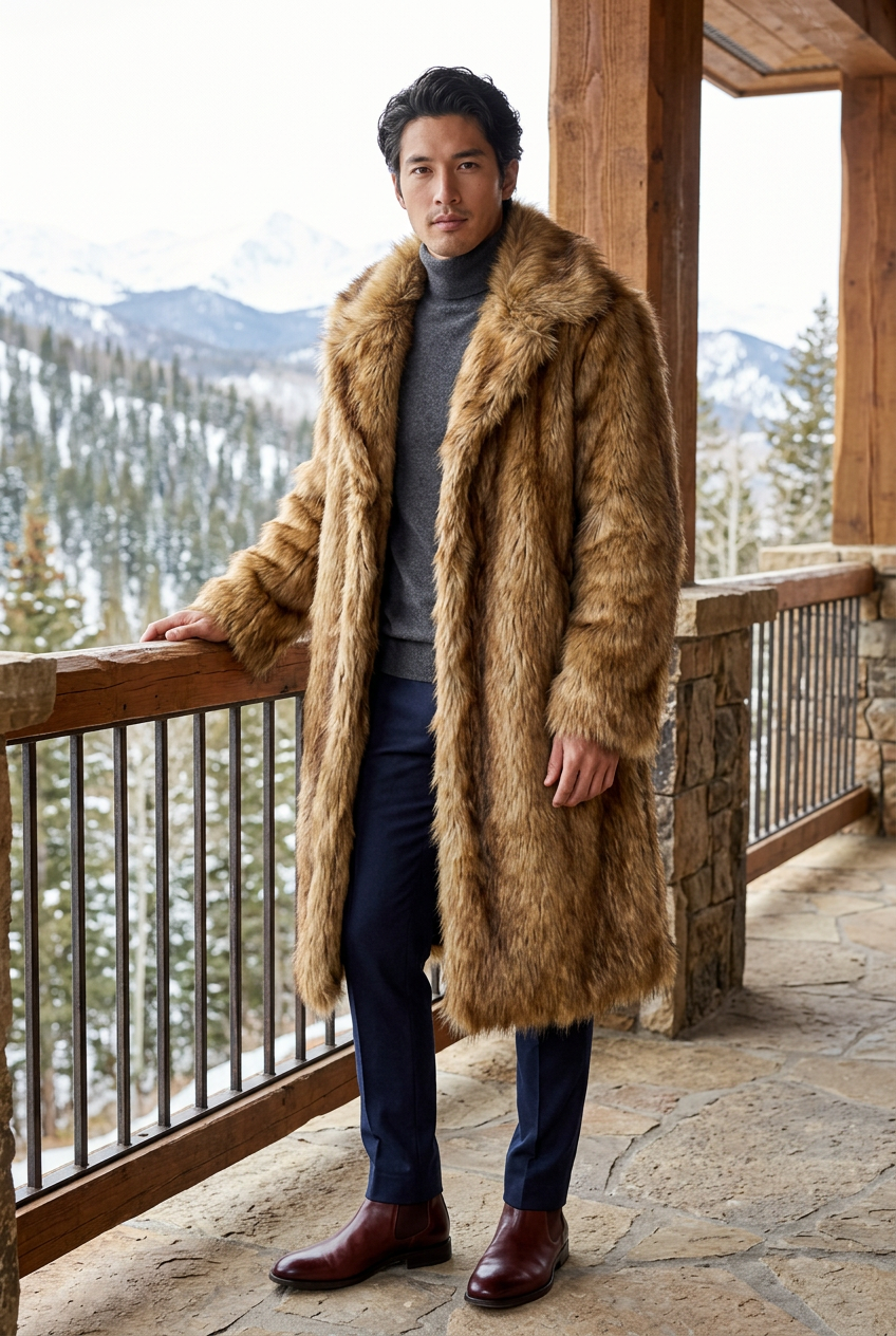Japanese male model wearing the golden-brown coat on a mountain lodge veranda