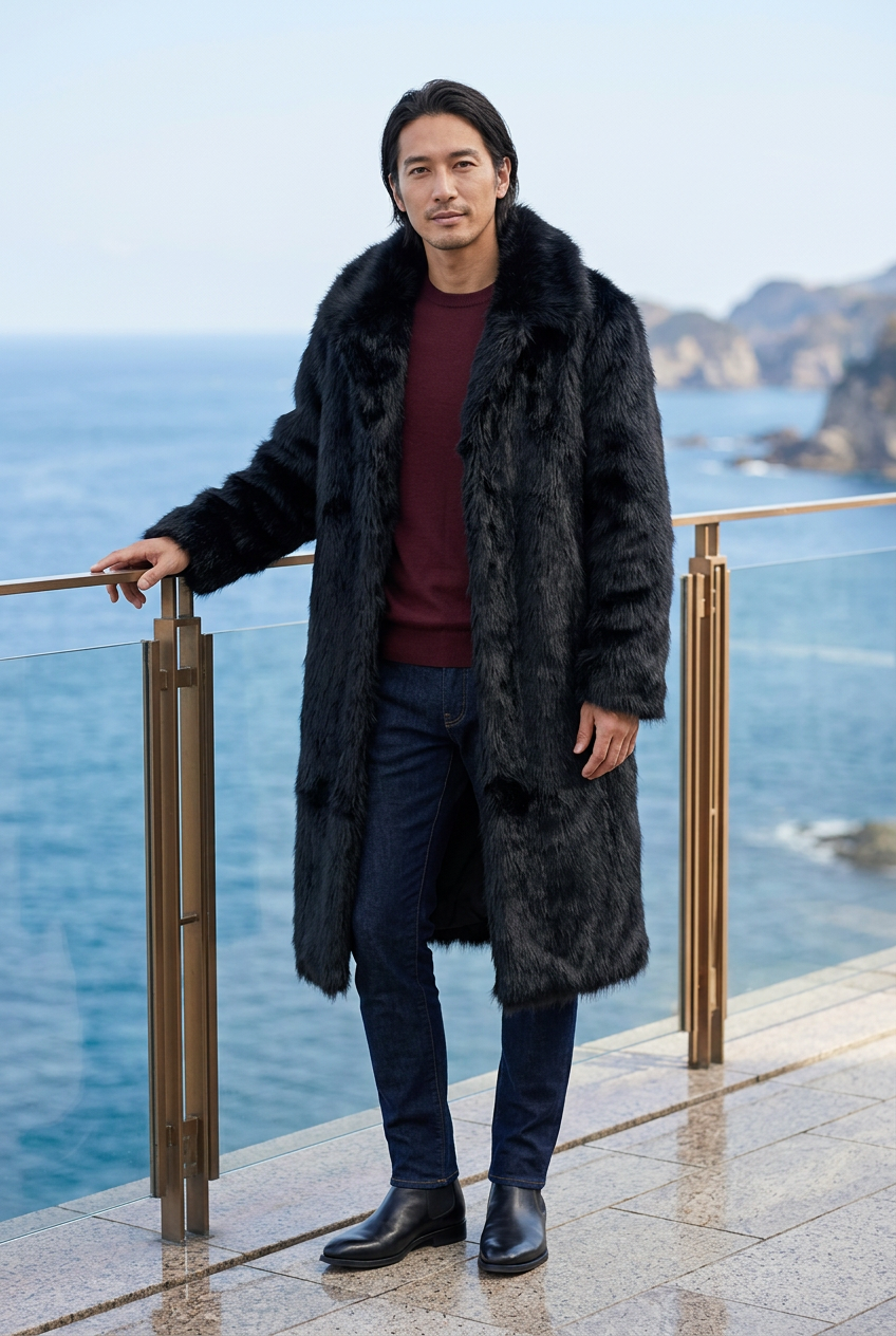 Japanese male model wearing the long black coat on a coastal hotel terrace