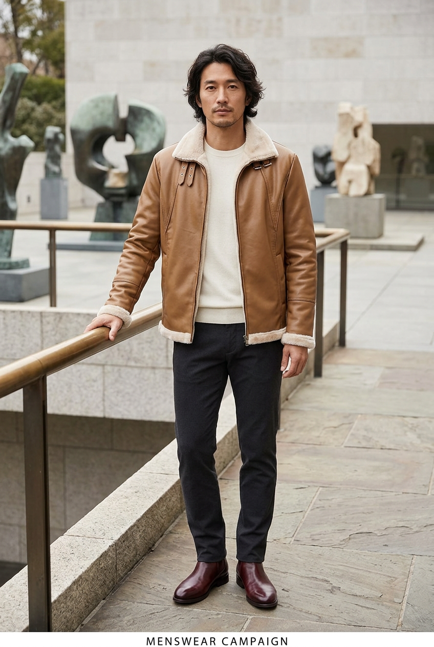 Japanese male model wearing the tan jacket on an art museum terrace
