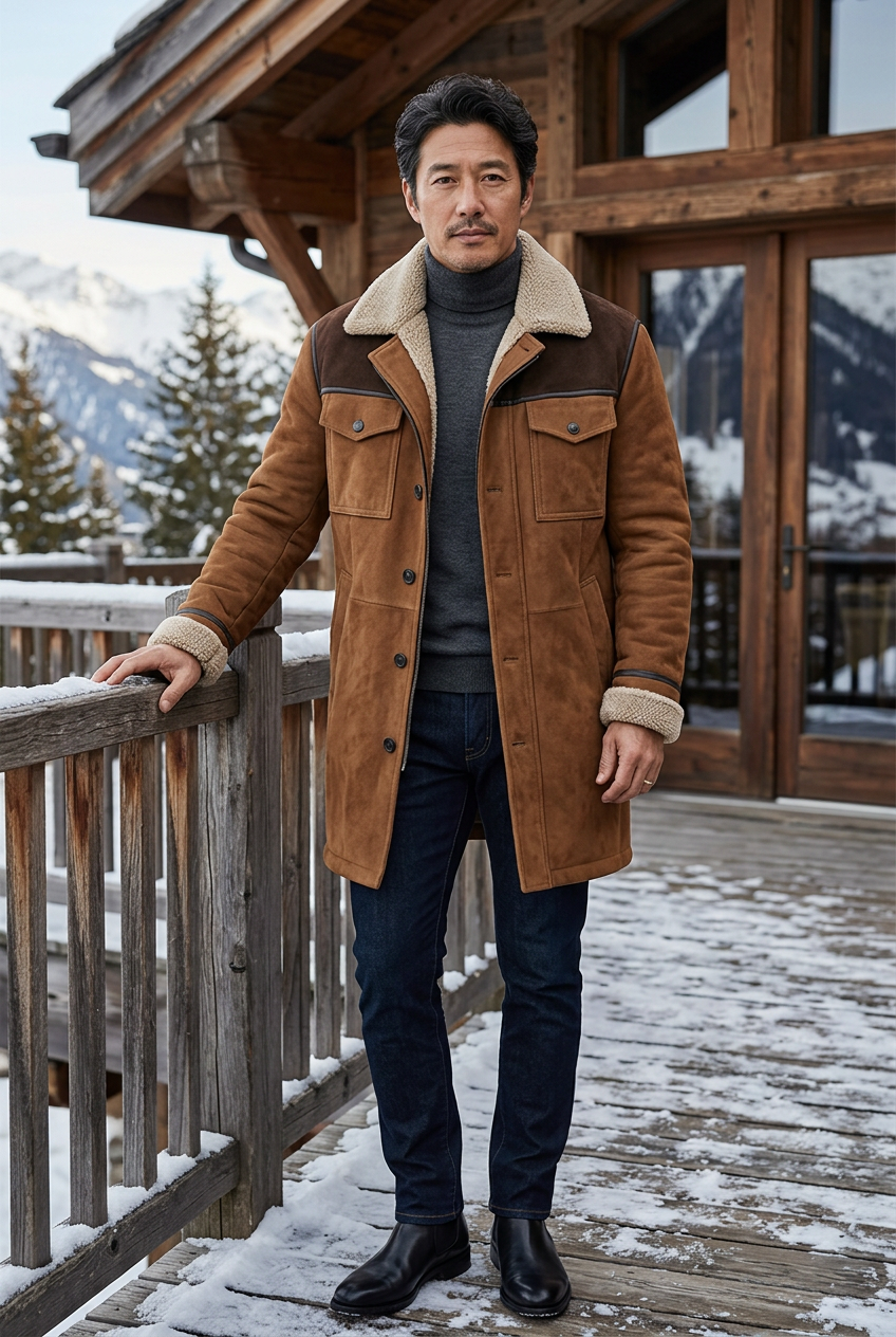 Japanese male model wearing the two-tone brown coat at an alpine lodge