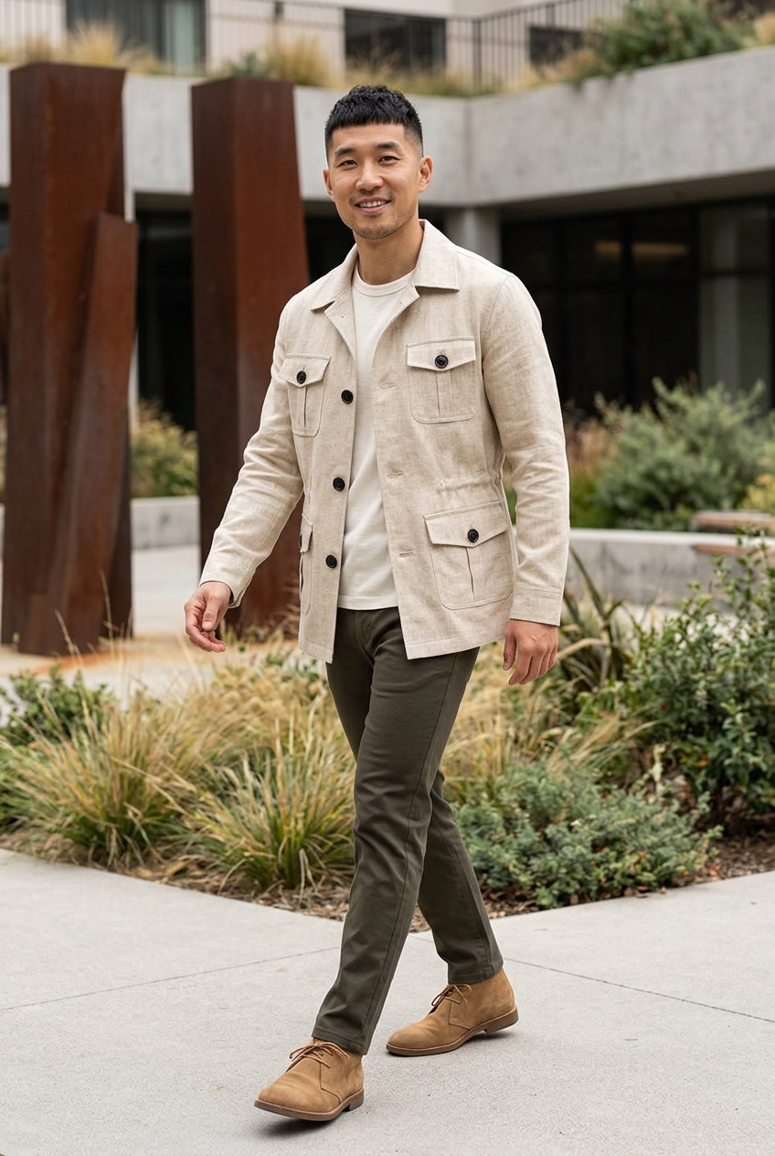 Korean male model wearing the beige cargo jacket in a sculpture courtyard