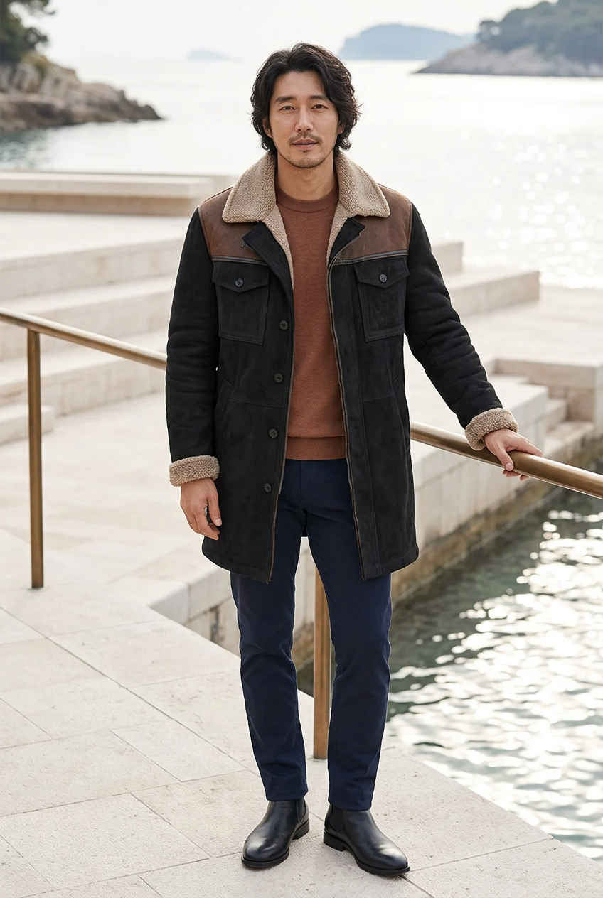 Korean male model wearing the coffee-colorway coat at a coastal observatory
