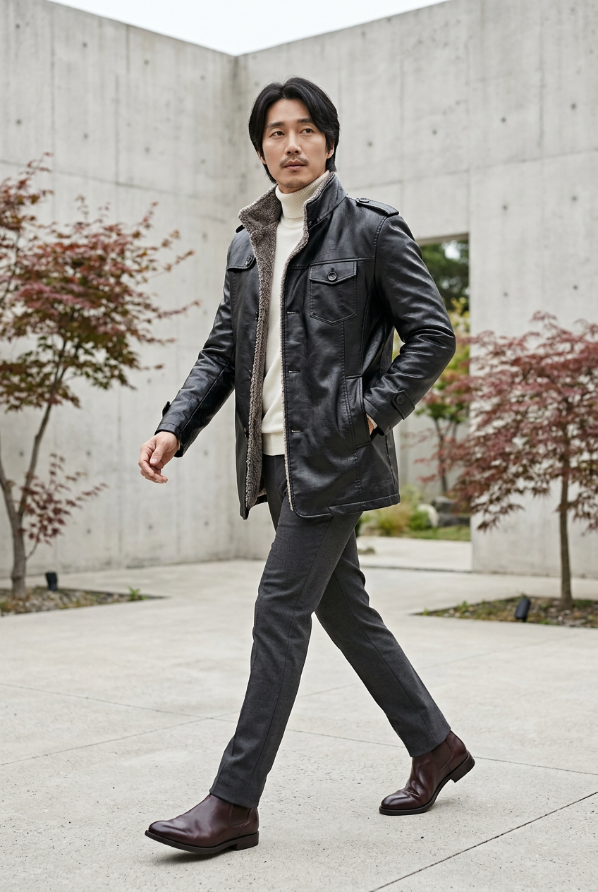Korean male model wearing the slim-fitted black PU leather jacket in a modern courtyard