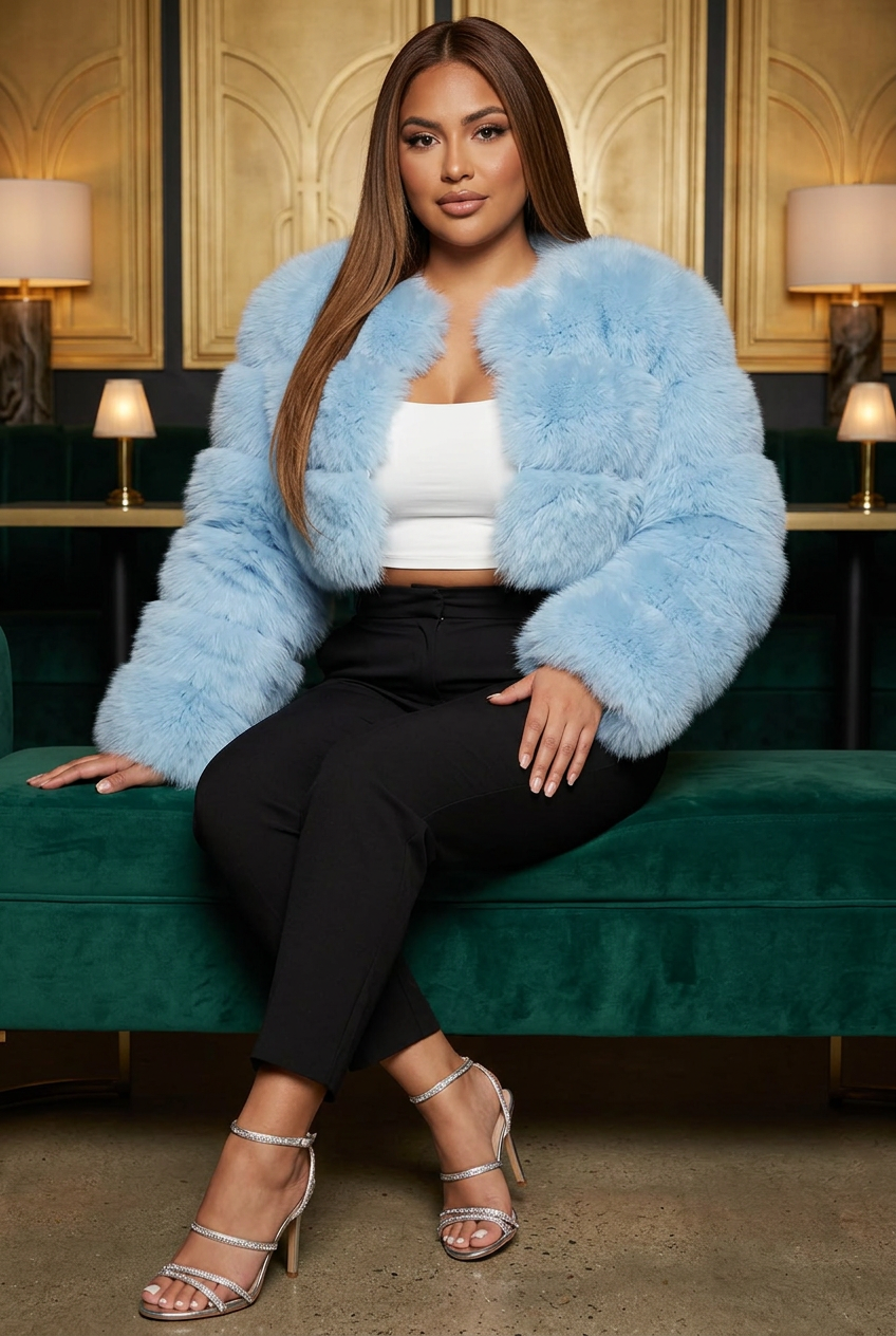 Latina model wearing the blue cropped fur coat and strappy heels