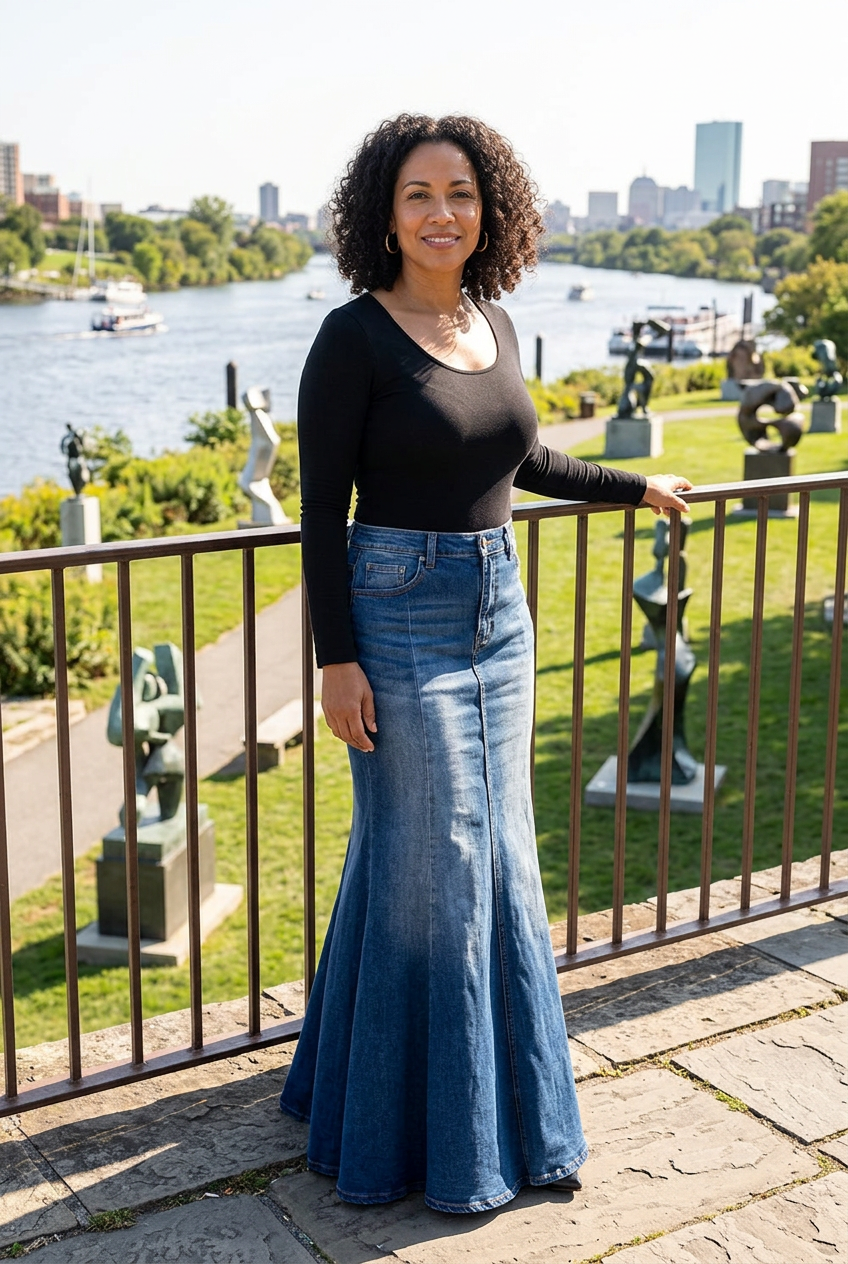 Latina model wearing the skirt beside a river