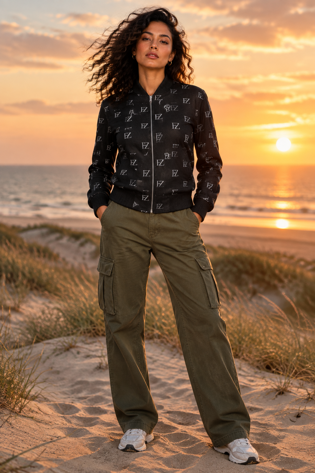Latina woman in the women's black FZ bomber on a beach dune at sunset