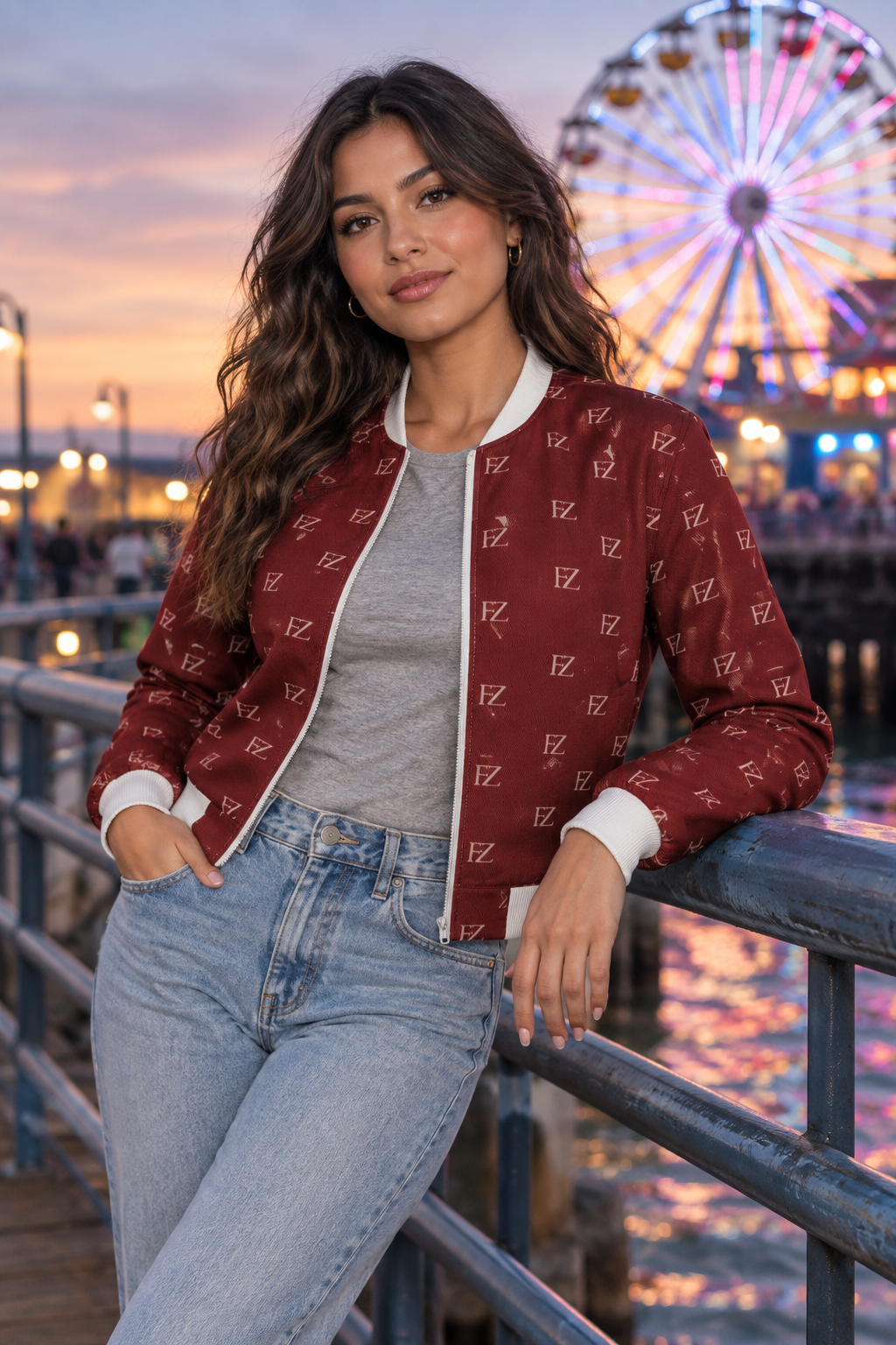 Latina woman in the women's burgundy FZ bomber on a boardwalk at dusk