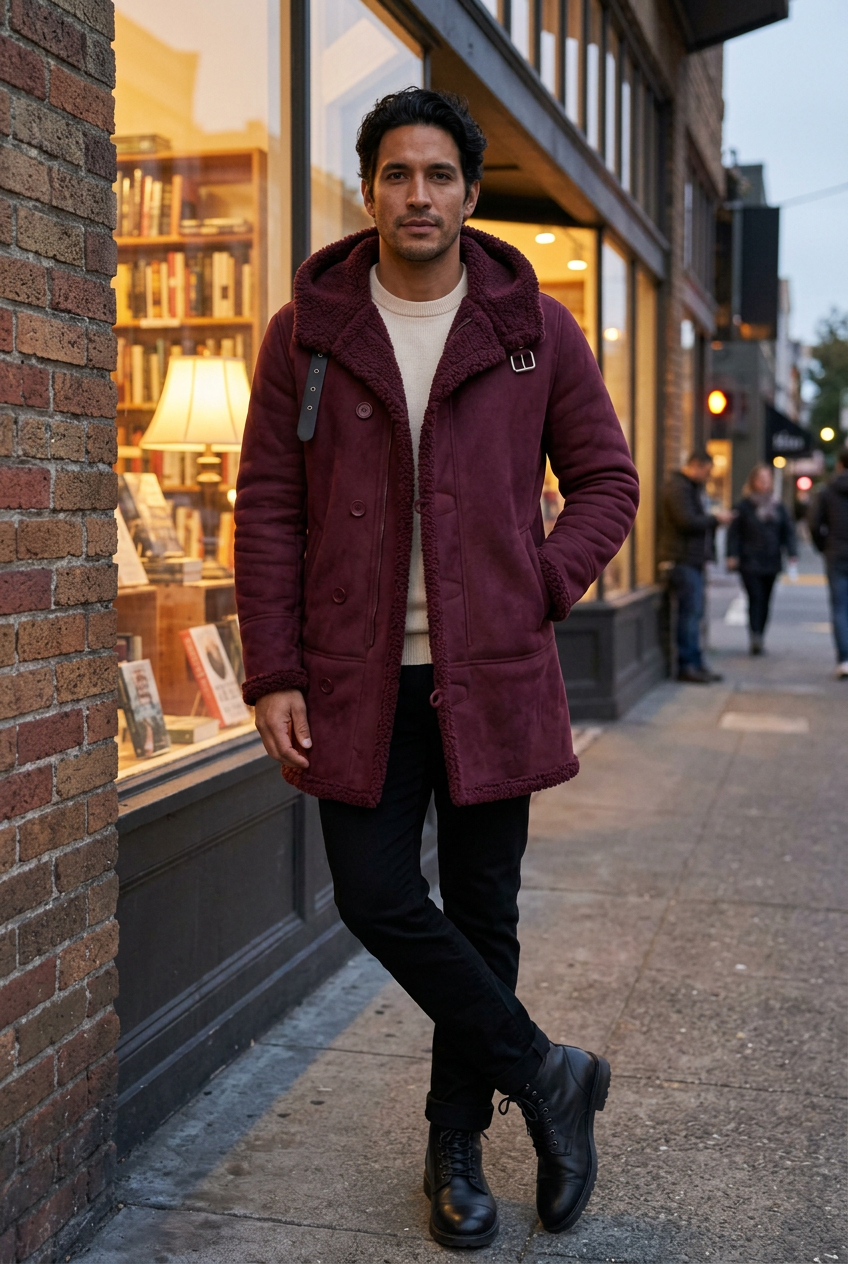 Latino male model leaning outside a bookstore wearing the burgundy coat