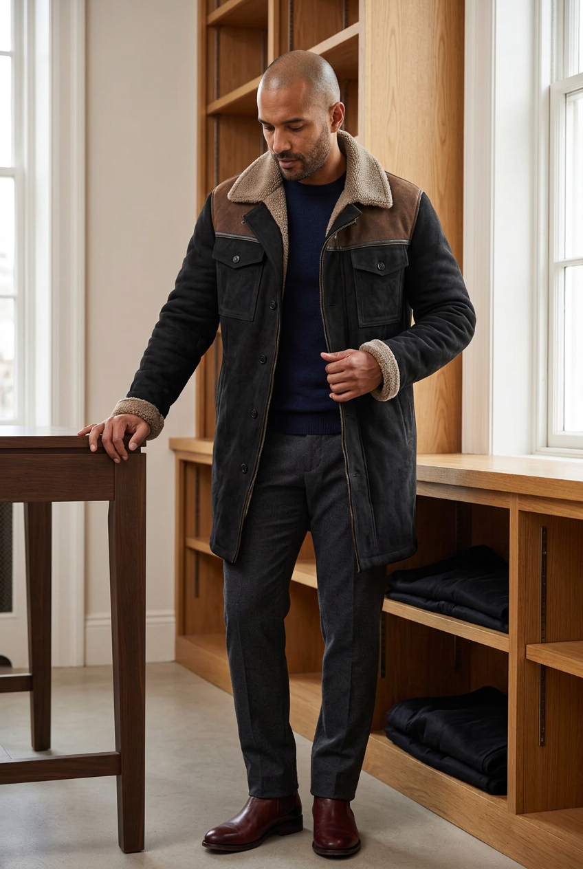 Latino male model wearing the coffee-colorway coat in a design archive