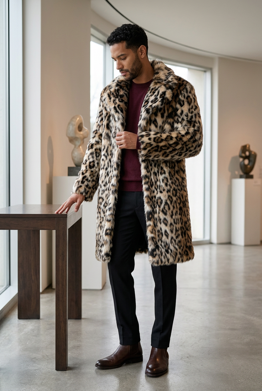 Latino male model wearing the leopard coat in a sculpture gallery