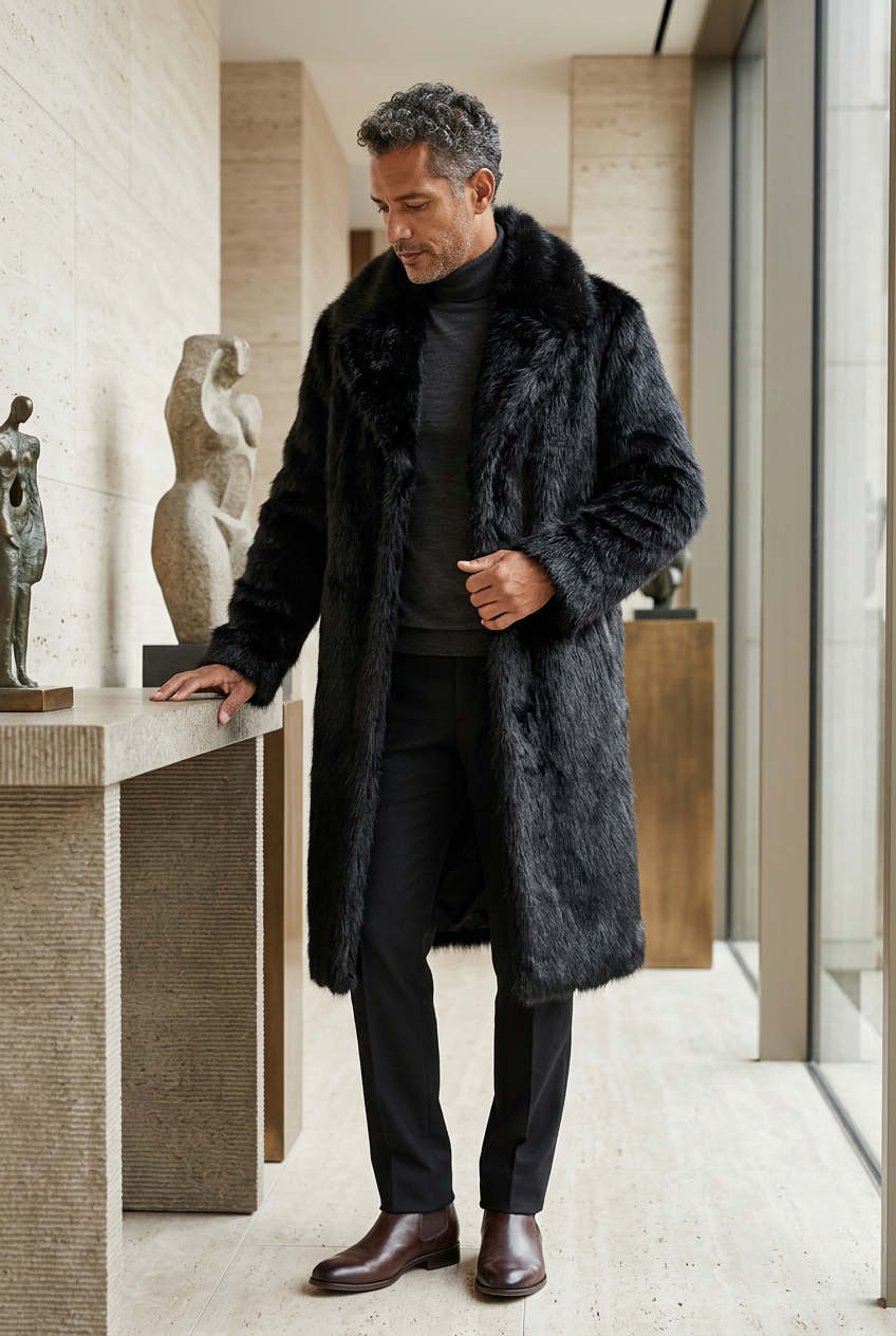 Latino male model wearing the long black coat in an architecture salon