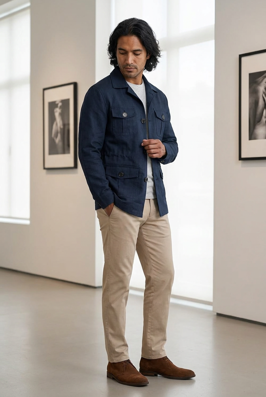 Latino male model wearing the navy cargo jacket in a photography gallery