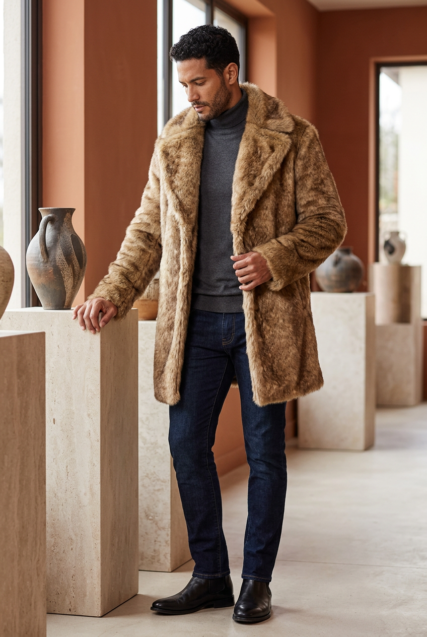 Latino male model wearing the tan-brown coat in a ceramics showroom