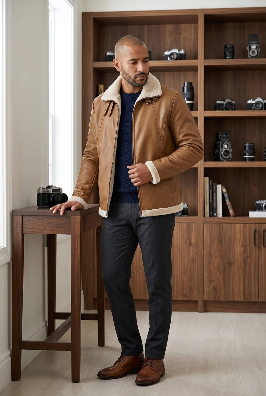 Latino male model wearing the tan jacket in a camera collector’s salon