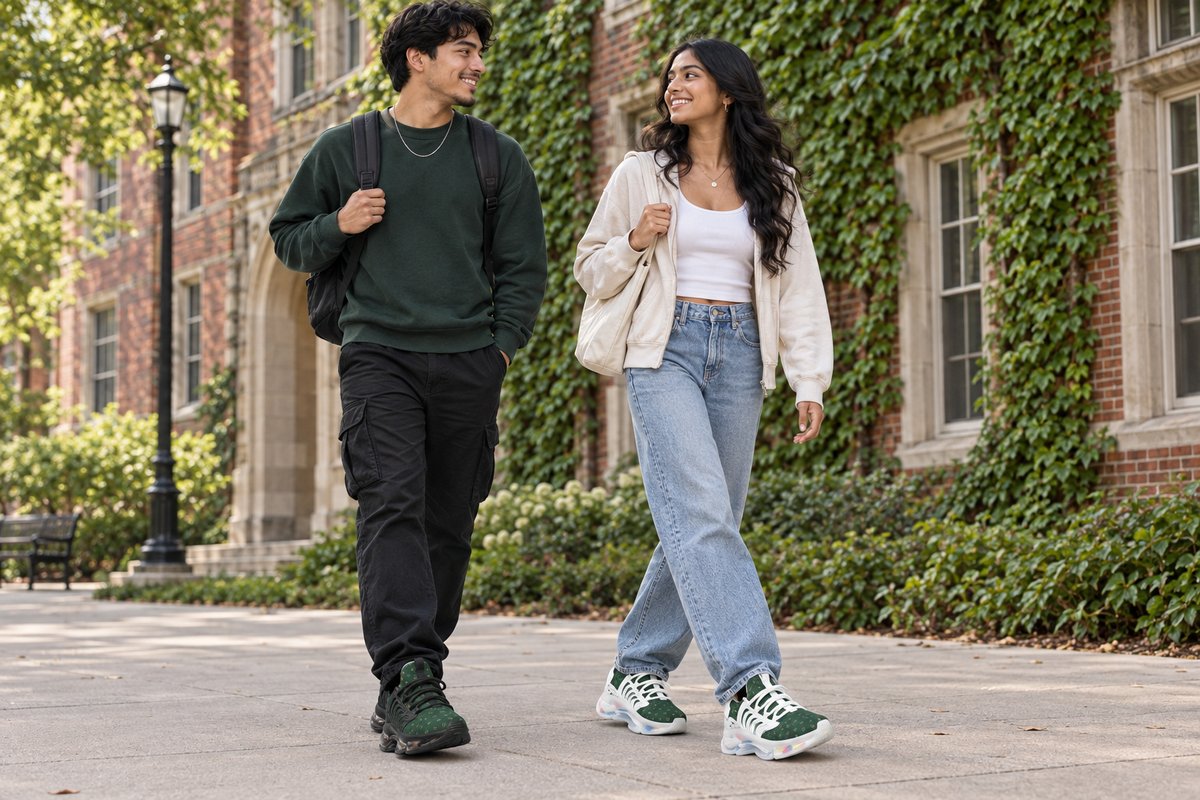 Latino man and South Asian woman by ivy-covered campus buildings in the green Z-logo sneakers