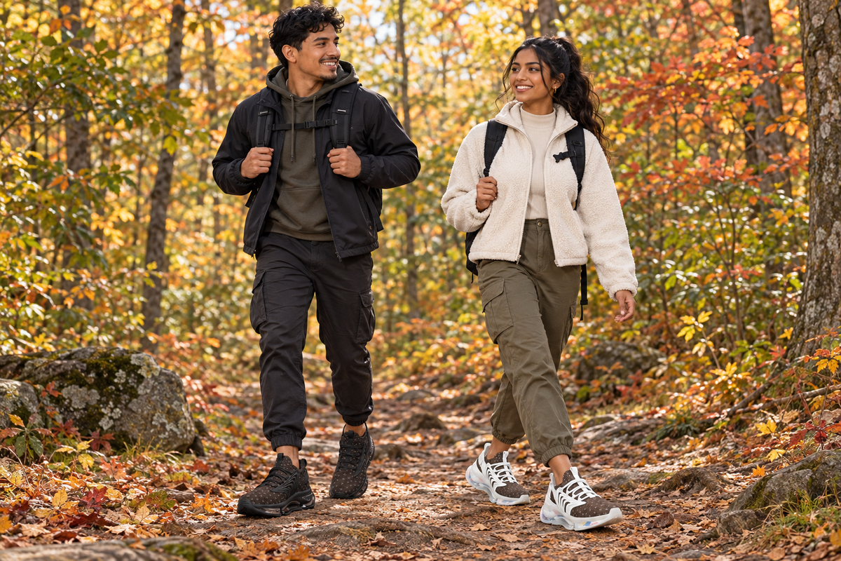 Latino man and South Asian woman on an autumn forest trail in the brown Z-logo sneakers