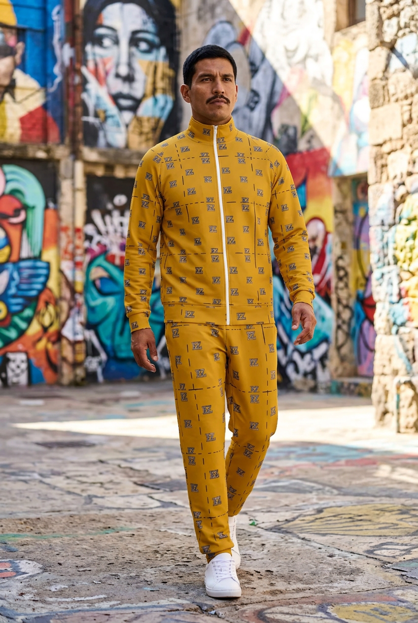 Latino man in a street-art courtyard
