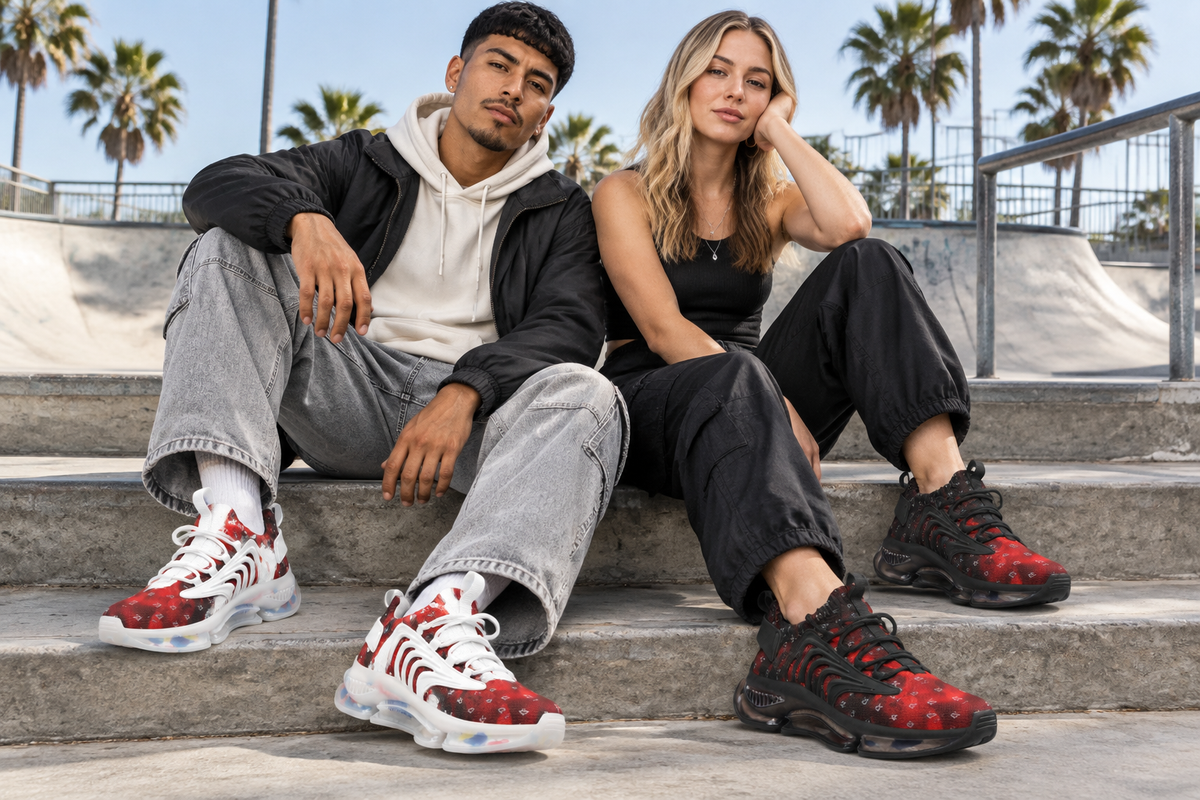 Latino man in white sneakers and white woman in black sneakers on skatepark steps