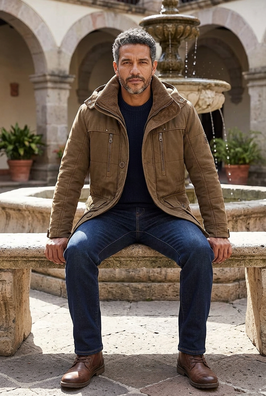 Latino model seated beside a courtyard fountain with the hood down